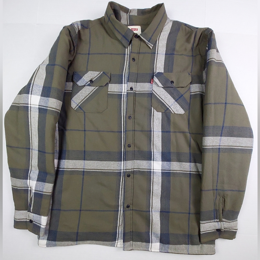 Levis Sherpa Lined Shirt Jacket Mens Size XL Green Plaid Style 3LGLW1503